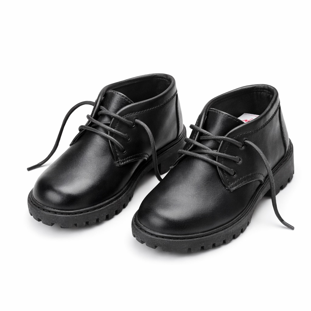 Classic Leather Lace Up Chunky Sole Shoes   Black    For Kids
