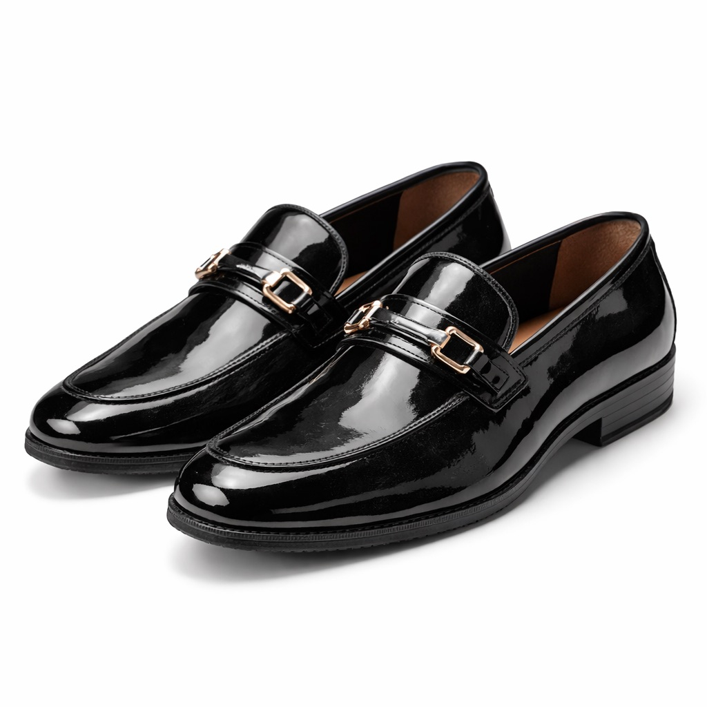 Glossy Patent Leather Metal Detail Loafers   Black
