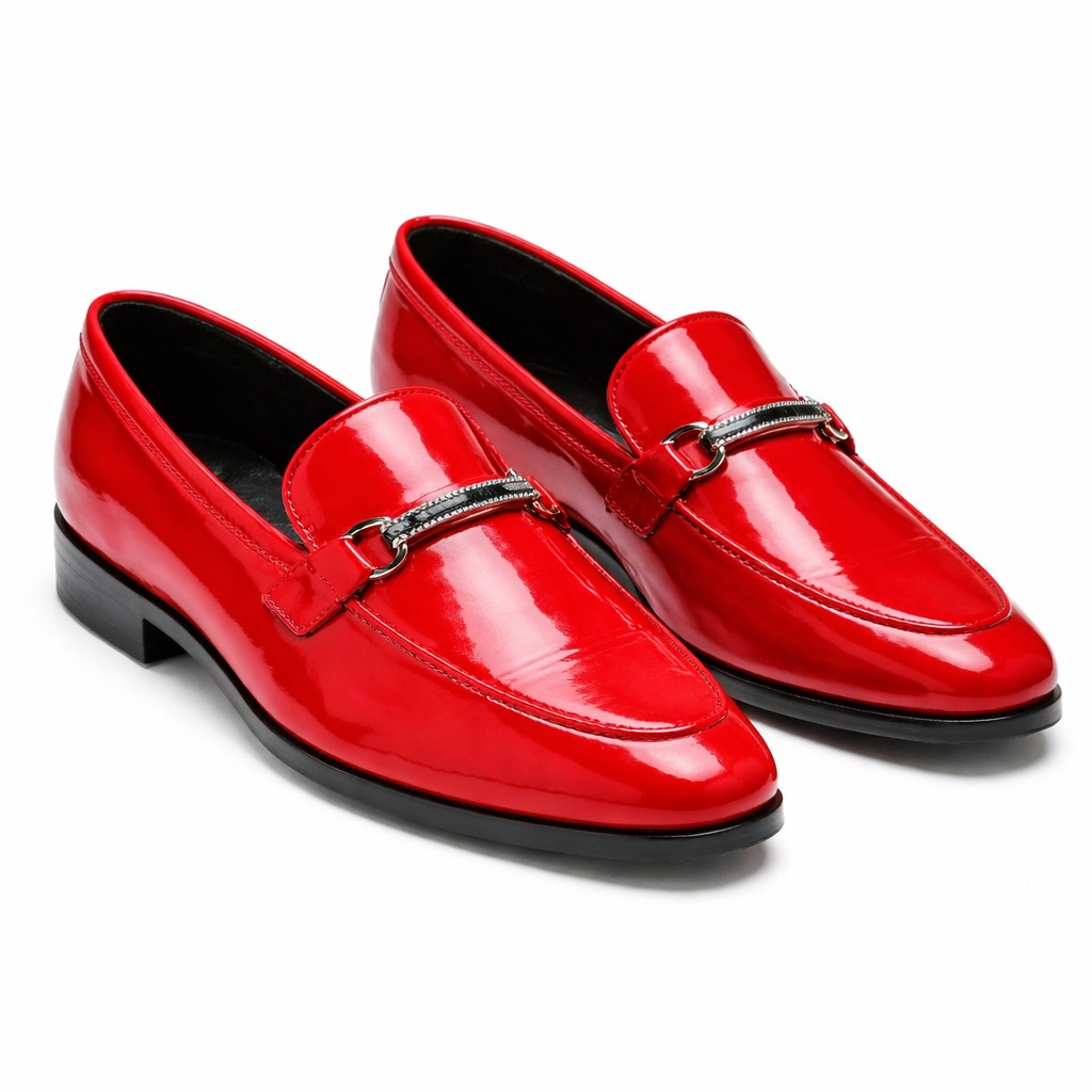 Glossy Patent Leather Metal Detail Loafers    Red