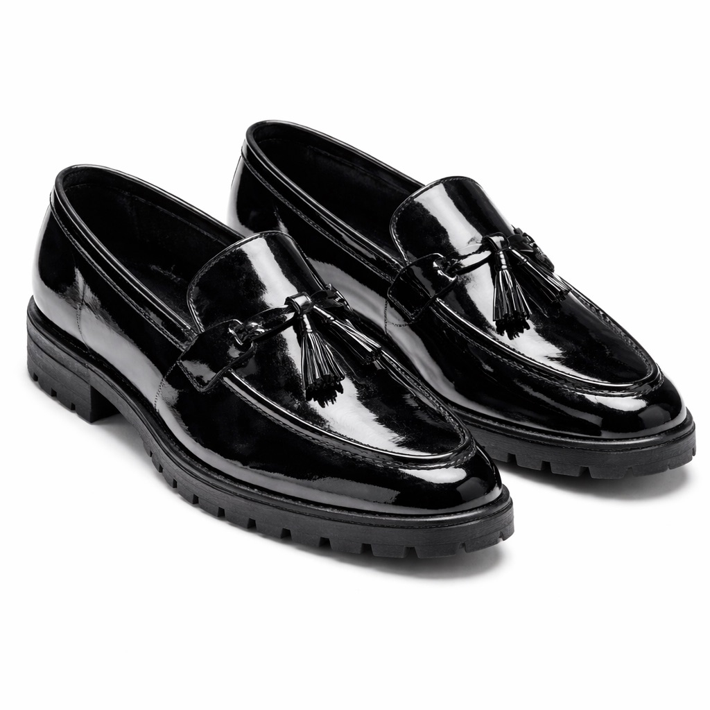 Glossy Patent Leather Tassel Chunky Loafers    Black