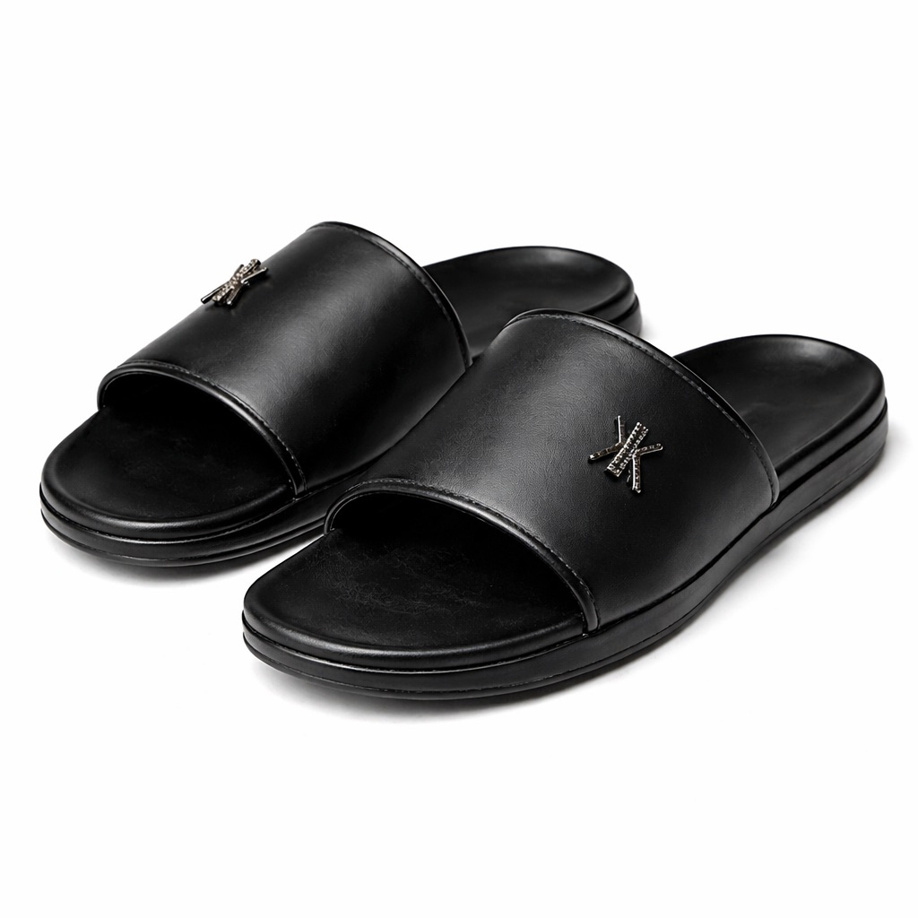Minimal Leather Slide Sandals with Metal Detail    Black