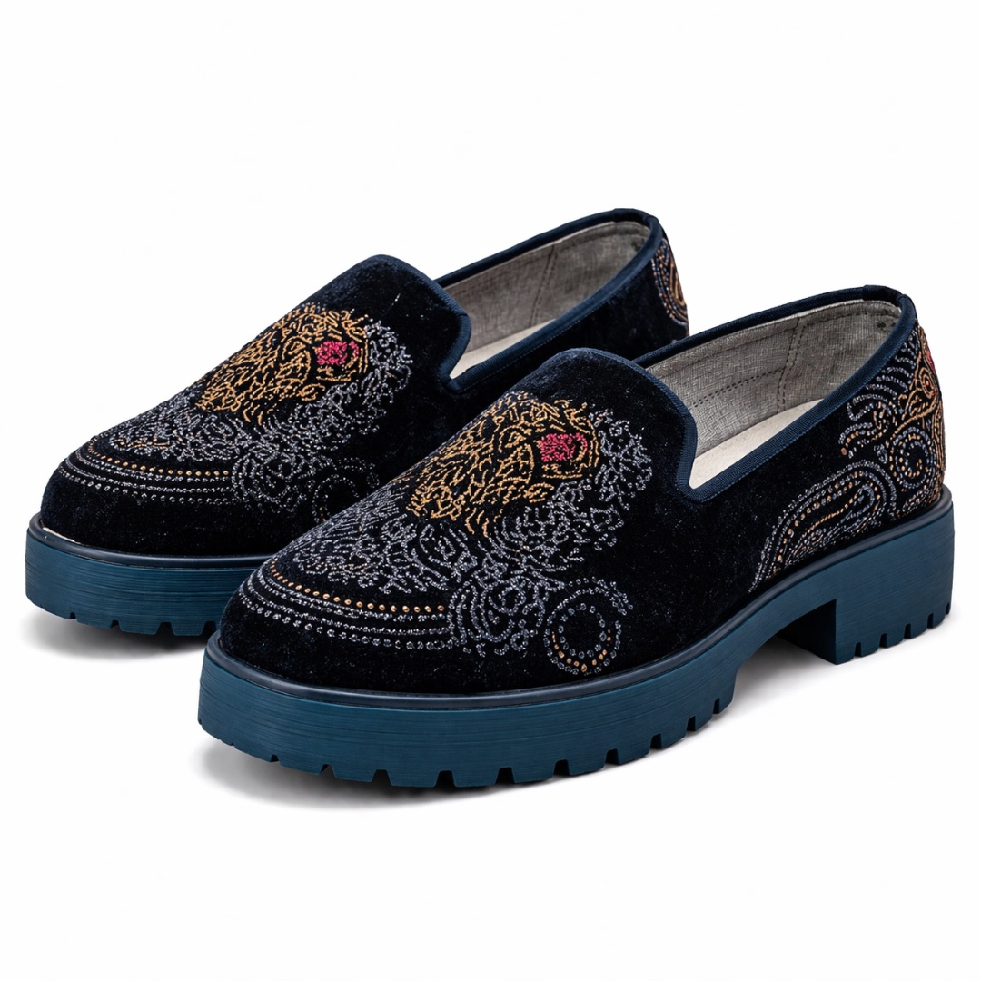 Embroidered Velvet Platform Loafers   Black   For Women