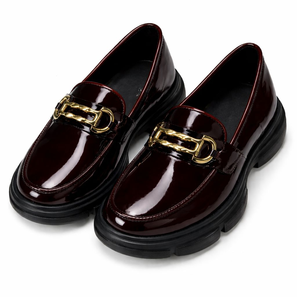 Premium Burgundy Patent Leather Loafers with Gold Bit