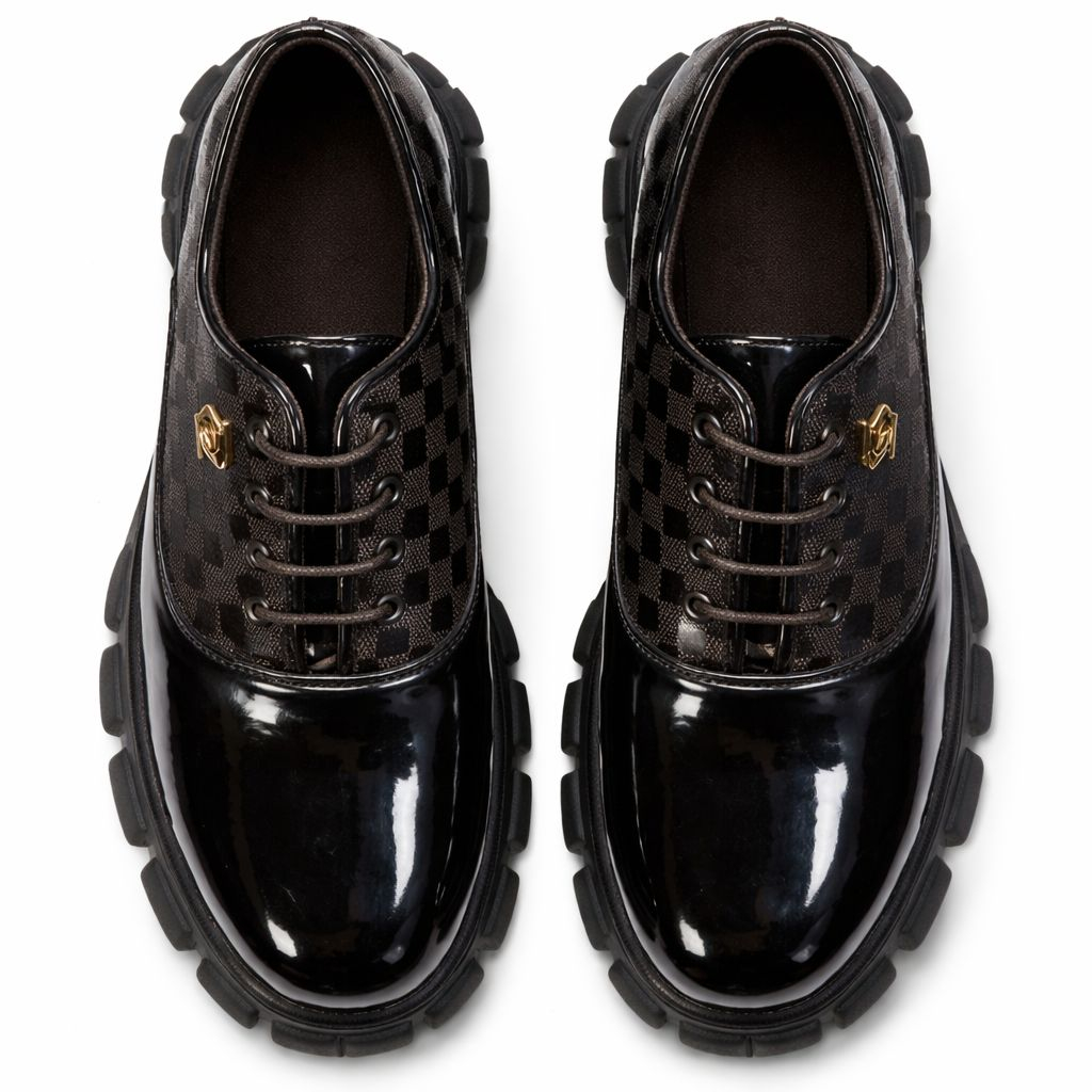 Black Patent Leather Lace Up Shoes with Checkered Design