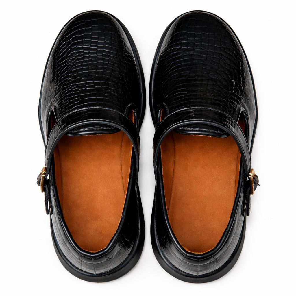 Mens Black Croc Embossed Leather Monk Strap Shoes