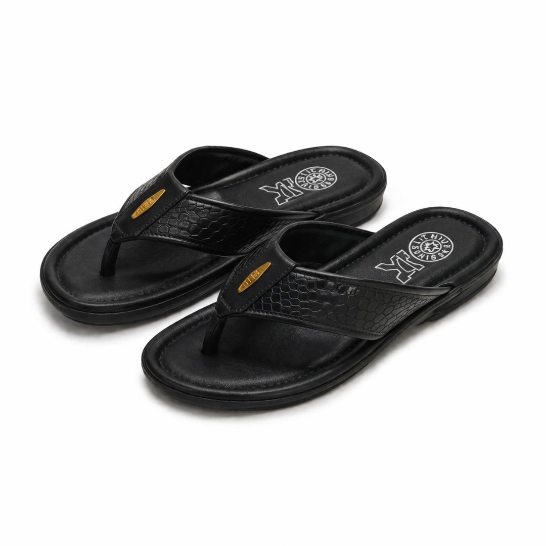 Textured Leather Toe Post Sandals    Black