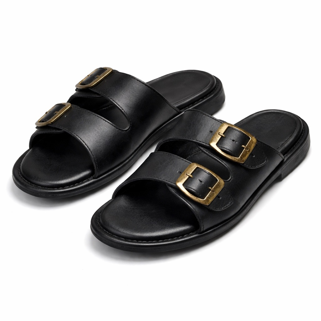 Dual Buckle Leather Slide Sandals