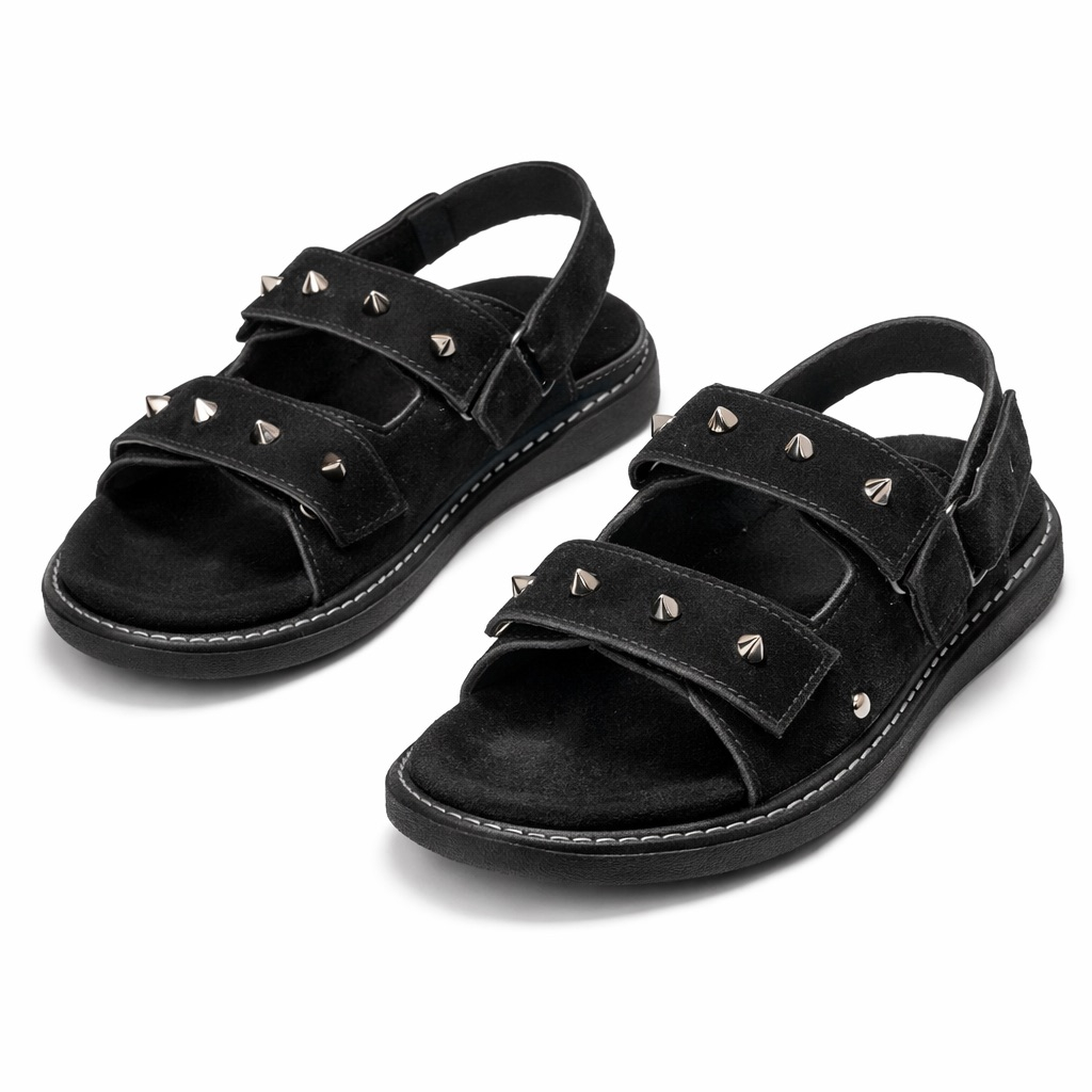 Studded Strap Leather Sandals     Black