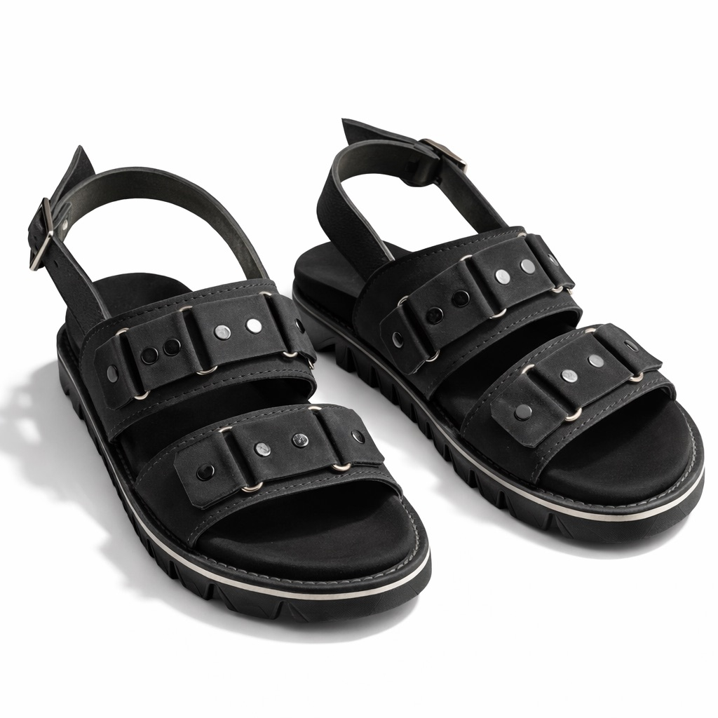 Dual Strap Buckle Comfort Sandals with Back Support     Black