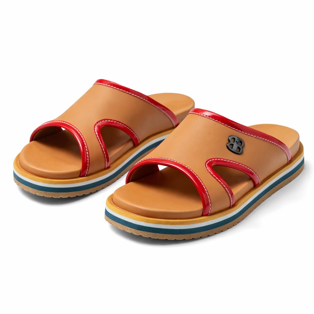 Color Trim Comfort Slide Sandals       Tan and Red
