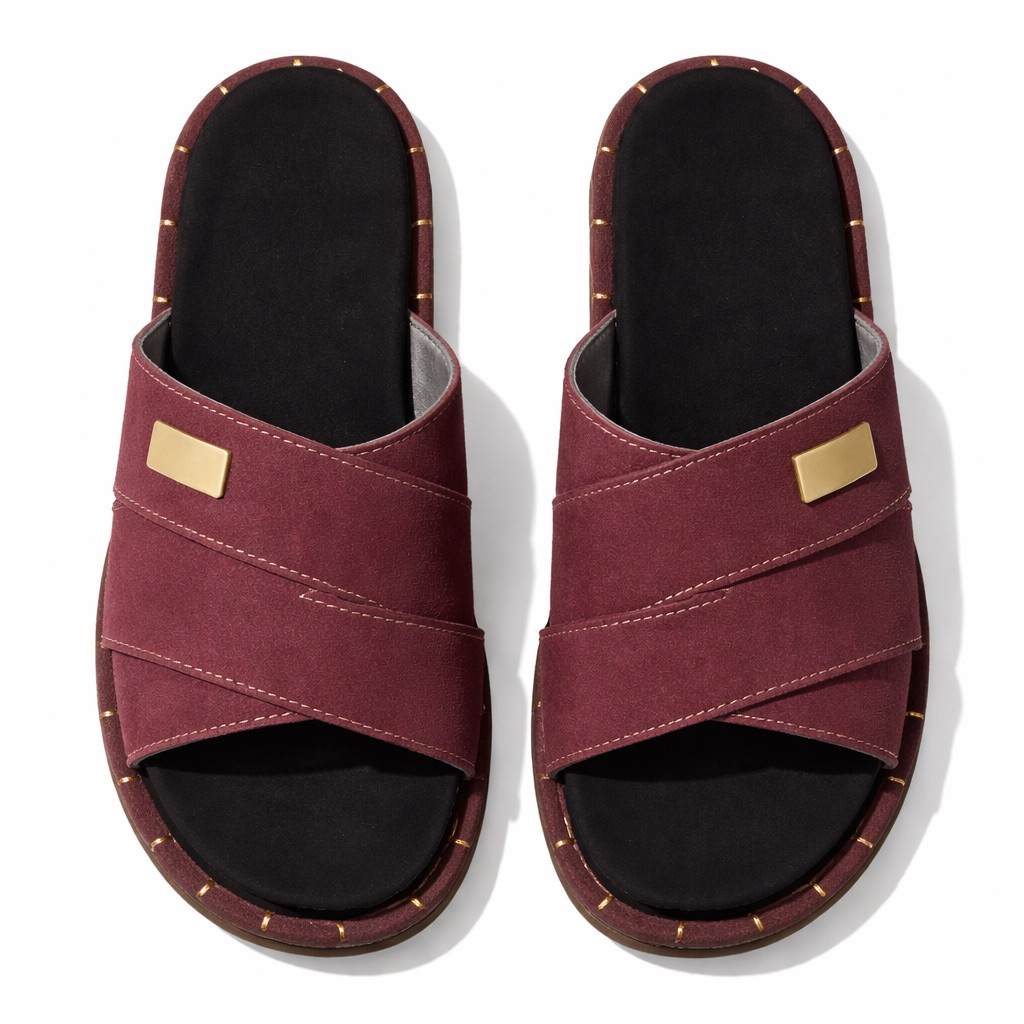Luxury Cross Strap Slide Sandals with Gold Accent      Wine