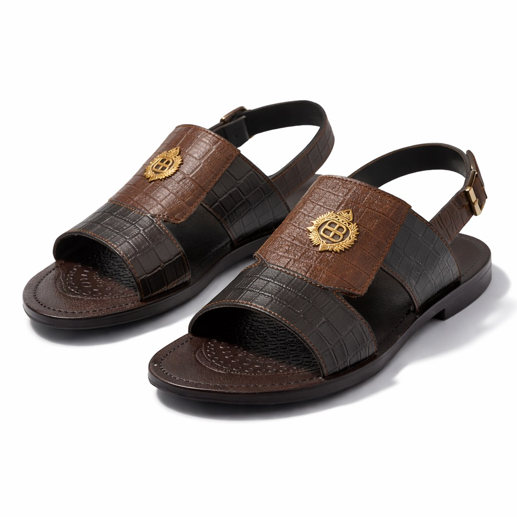 Textured Leather Crest Strap Sandals     Brown