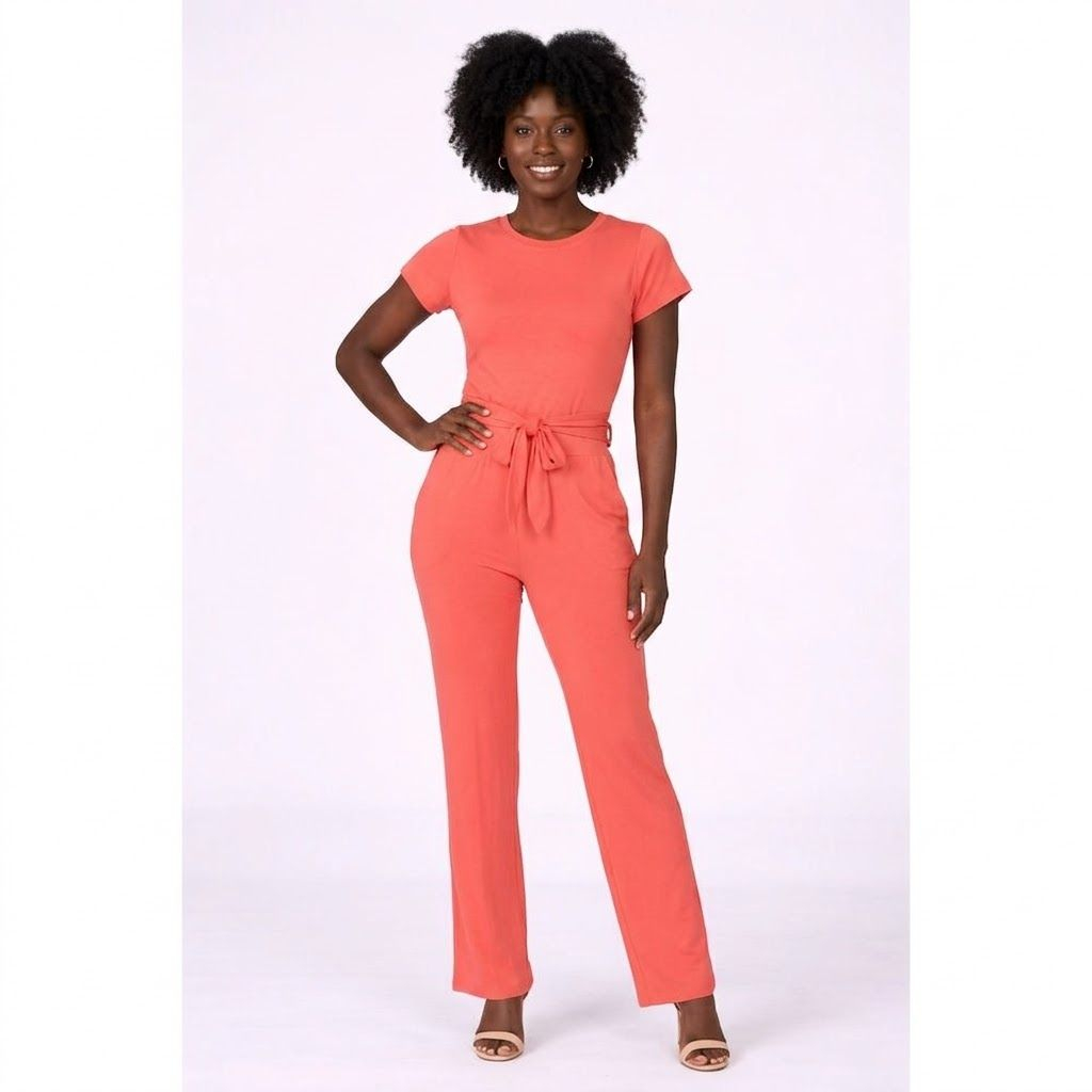 Coral Two Piece Pants Set Short Sleeve Top & High Waist Trousers