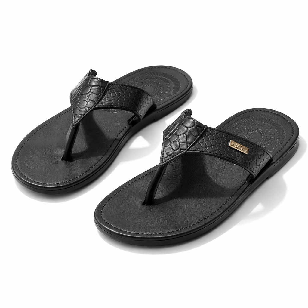 Croc Texture Toe Loop Slide Sandals    Black