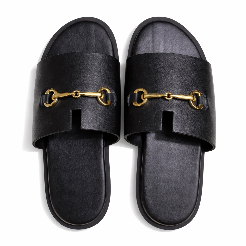 Horsebit Detail Cut Out Slide Sandals    Black