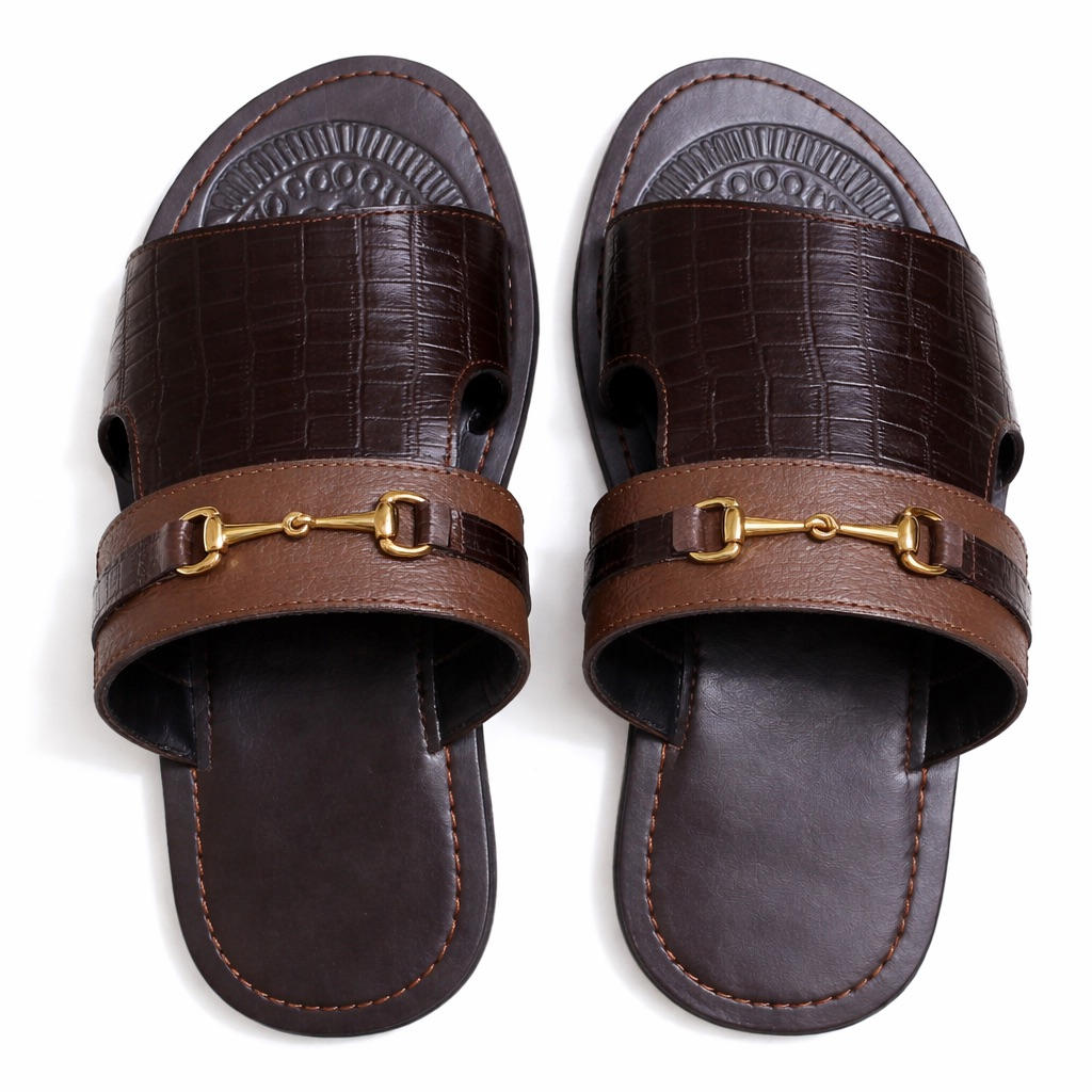 Croc Panel Horsebit Slide Sandals     Brown