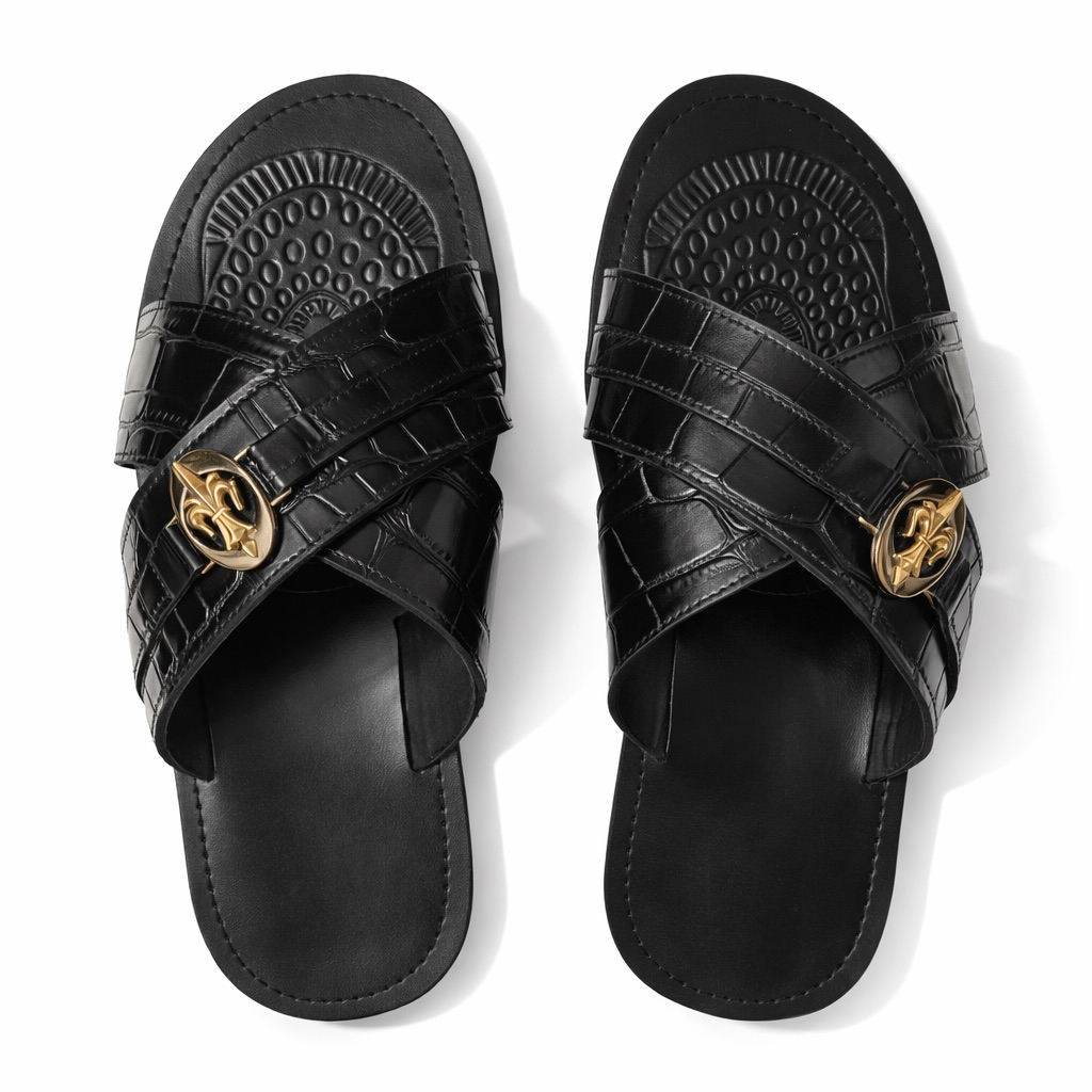 Croc Texture Crest Cross Strap Sandals     Black
