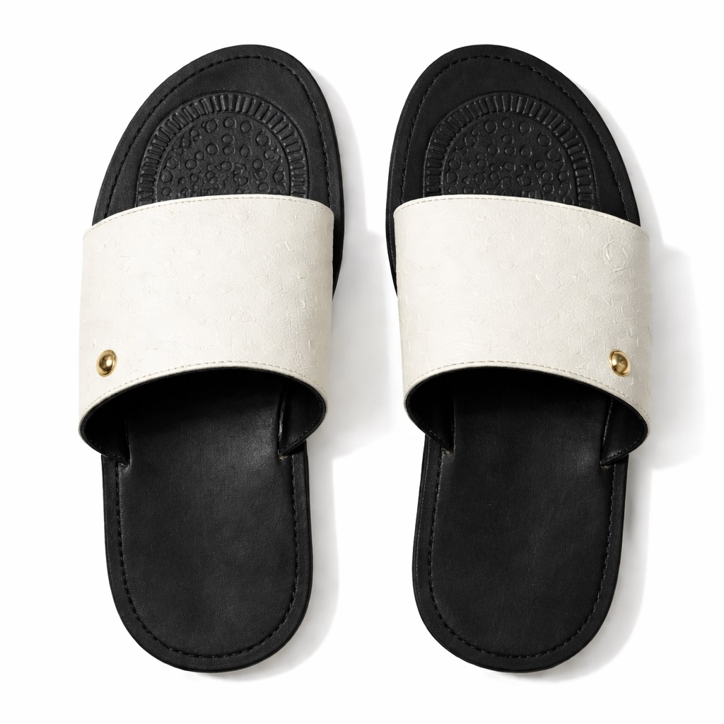 Contrast Minimal Strap Slide Sandals     White and Black