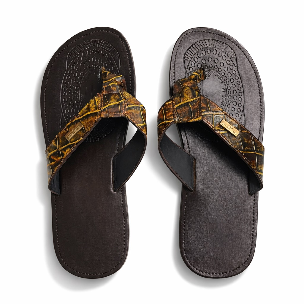 Patterned Cross Strap Toe Loop Sandals        Brown and Yellow