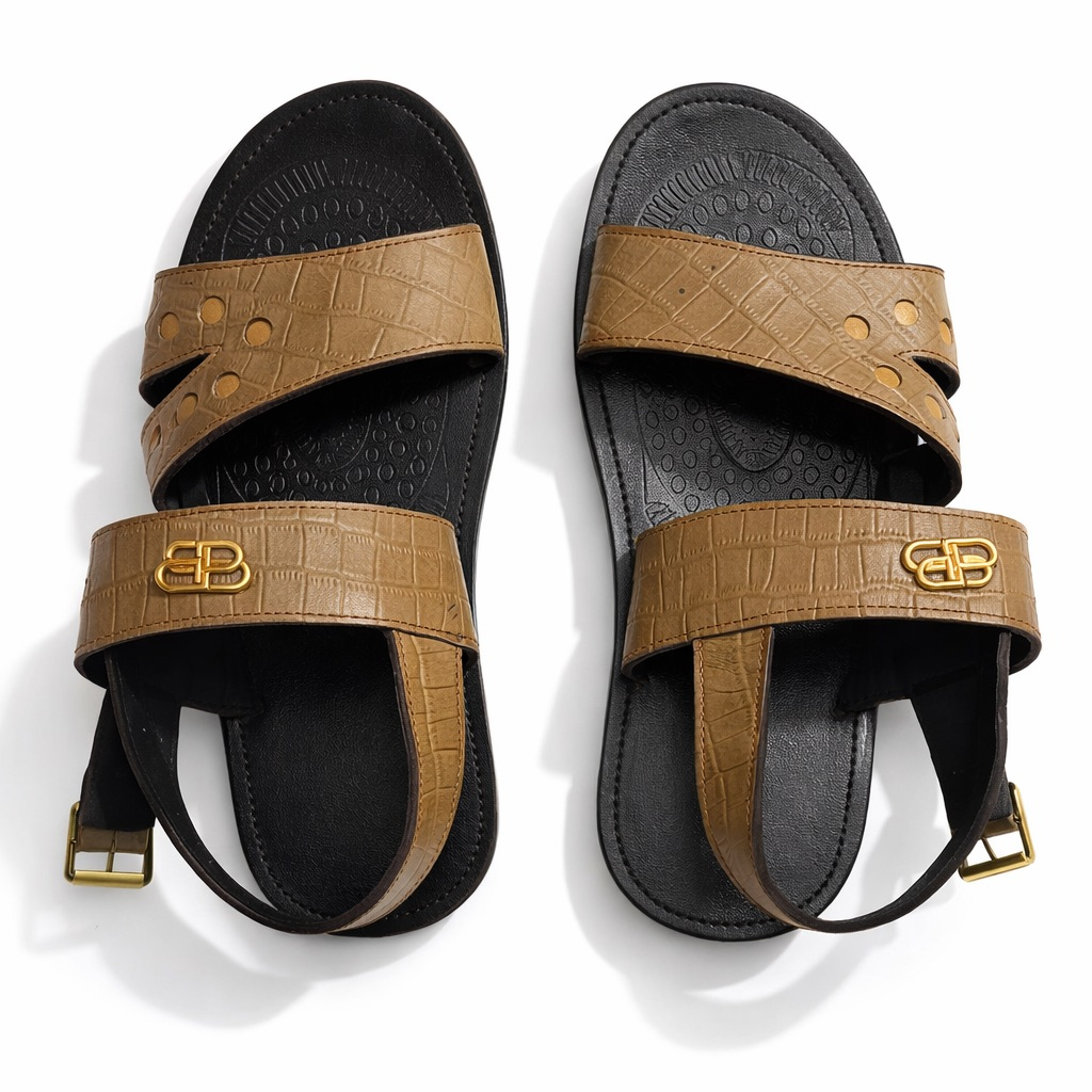 Croc Texture Dual Strap Buckle Sandals    Tan