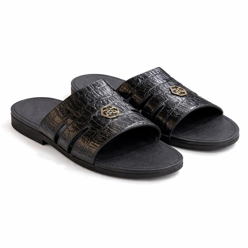 Croc Texture Multi Slit Crest Slide Sandals    Black
