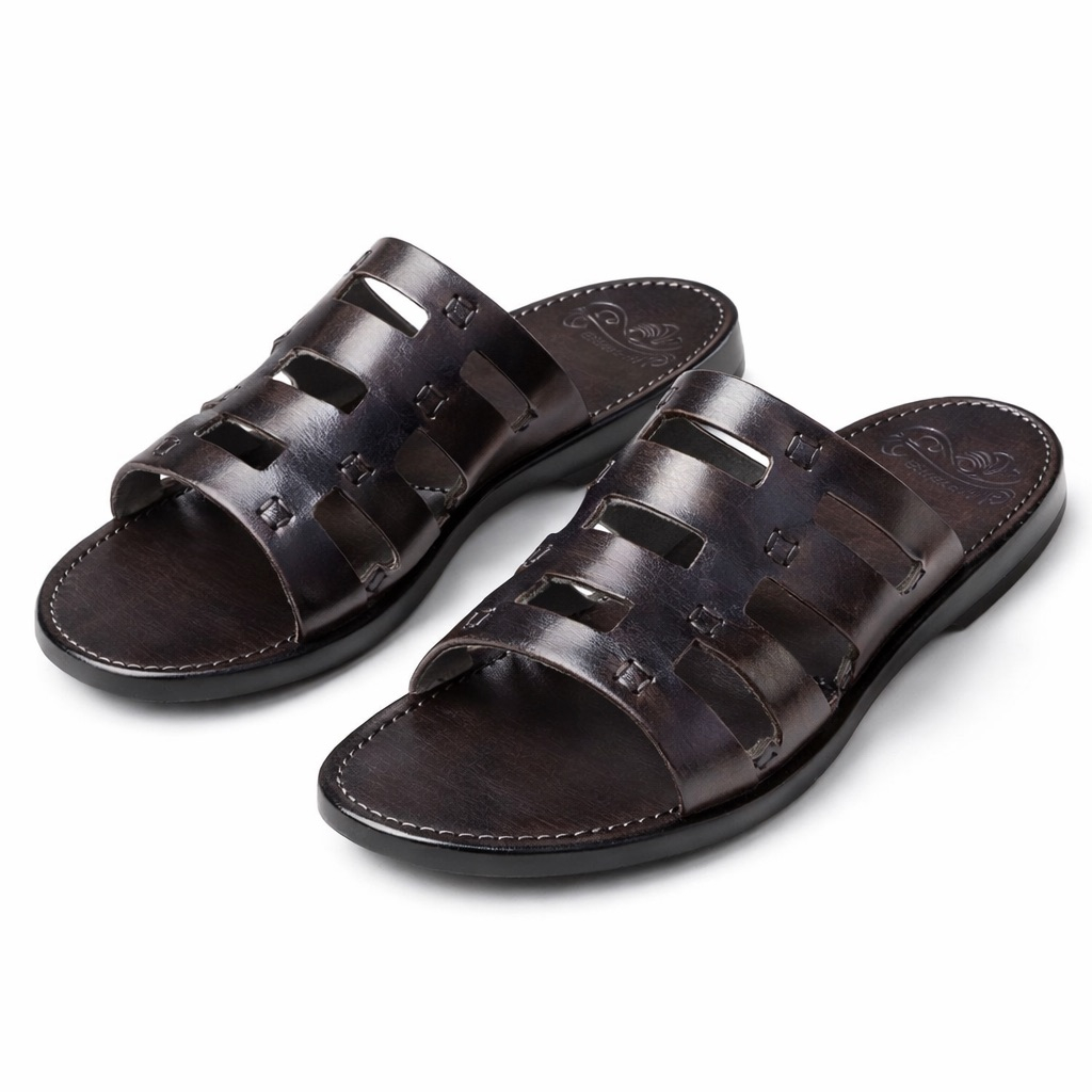 Handcrafted Cut Out Leather Slide Sandals      Dark Brown