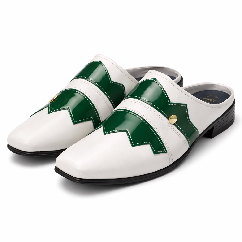 Zigzag Panel Slip On Mule Loafers with Metal Accent       White and Green