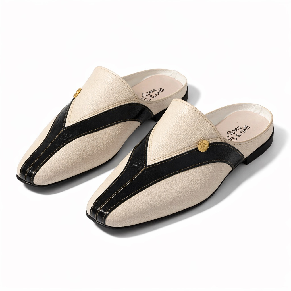 V Panel Contrast Slip On Mule Loafers with Metal Accent       Cream and Black