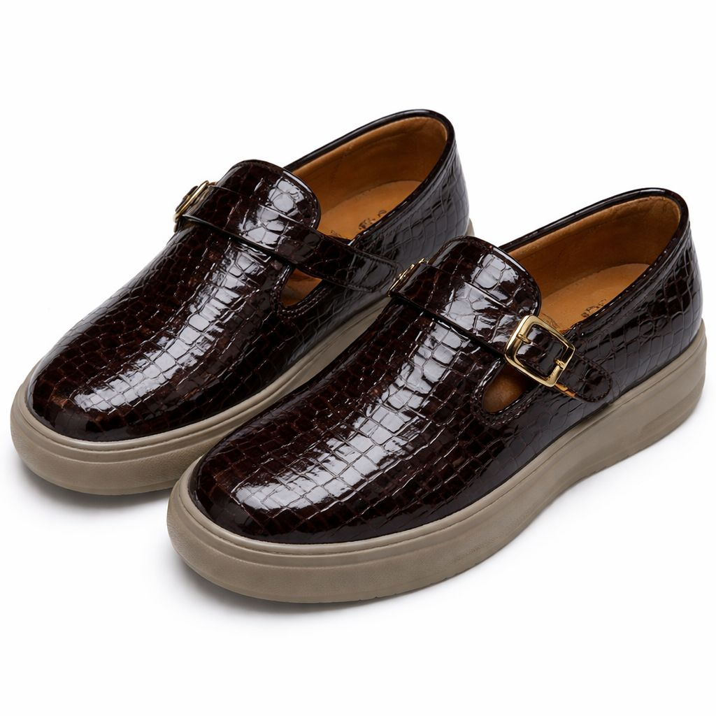Dark Brown Croc Pattern Leather Loafers