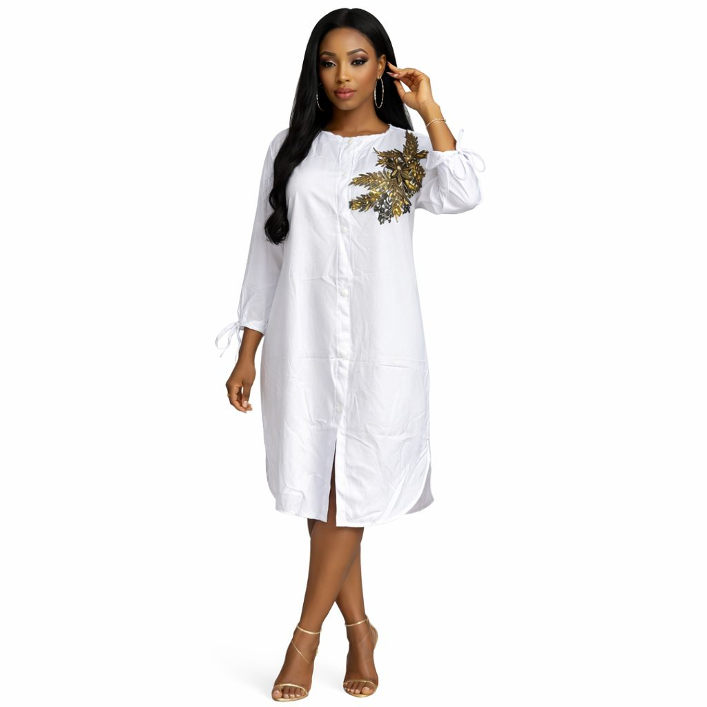 Womens Elegant White Shirt Dress with Sequin Detail