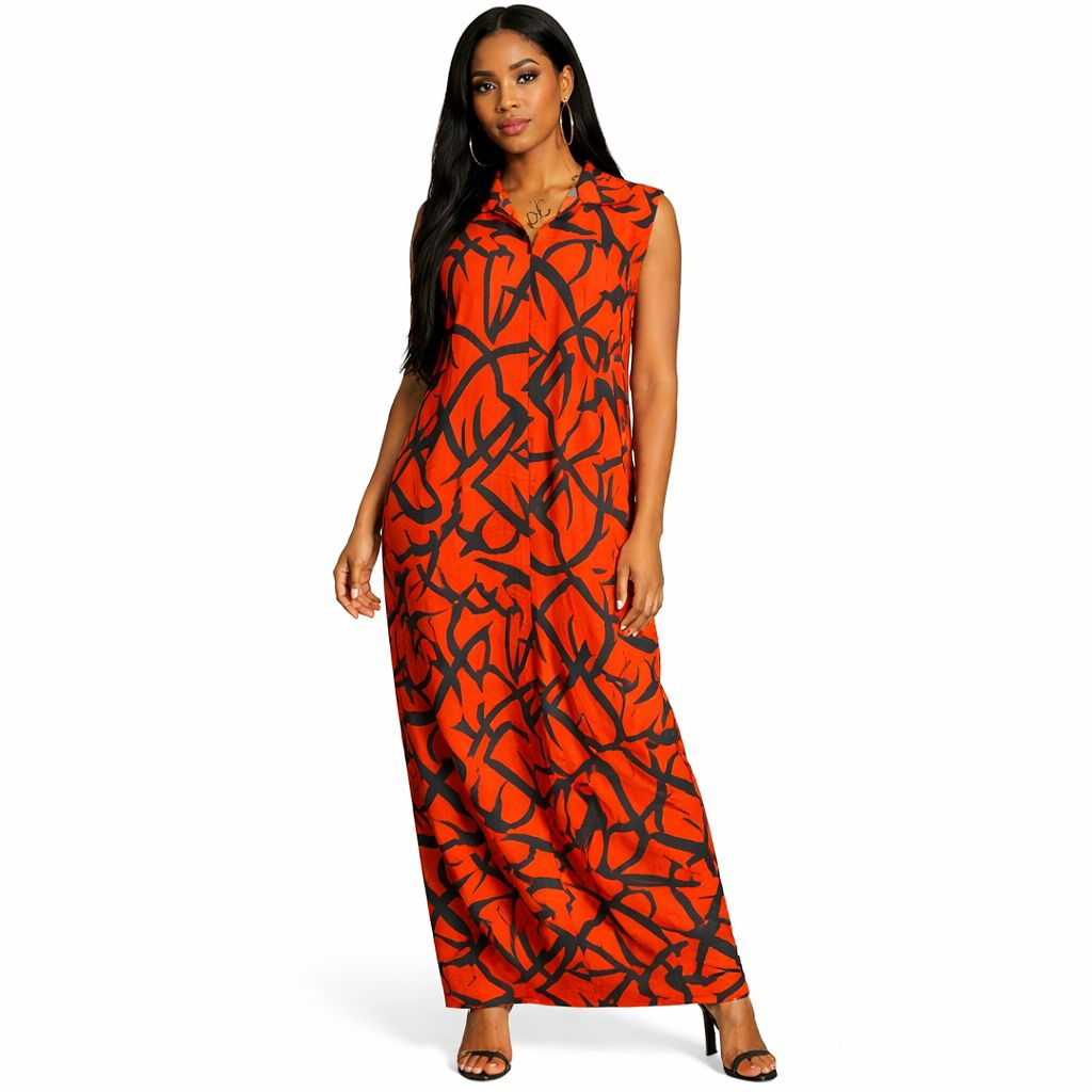 Orange Abstract Print Midi Shirt Dress Sleeveless Button