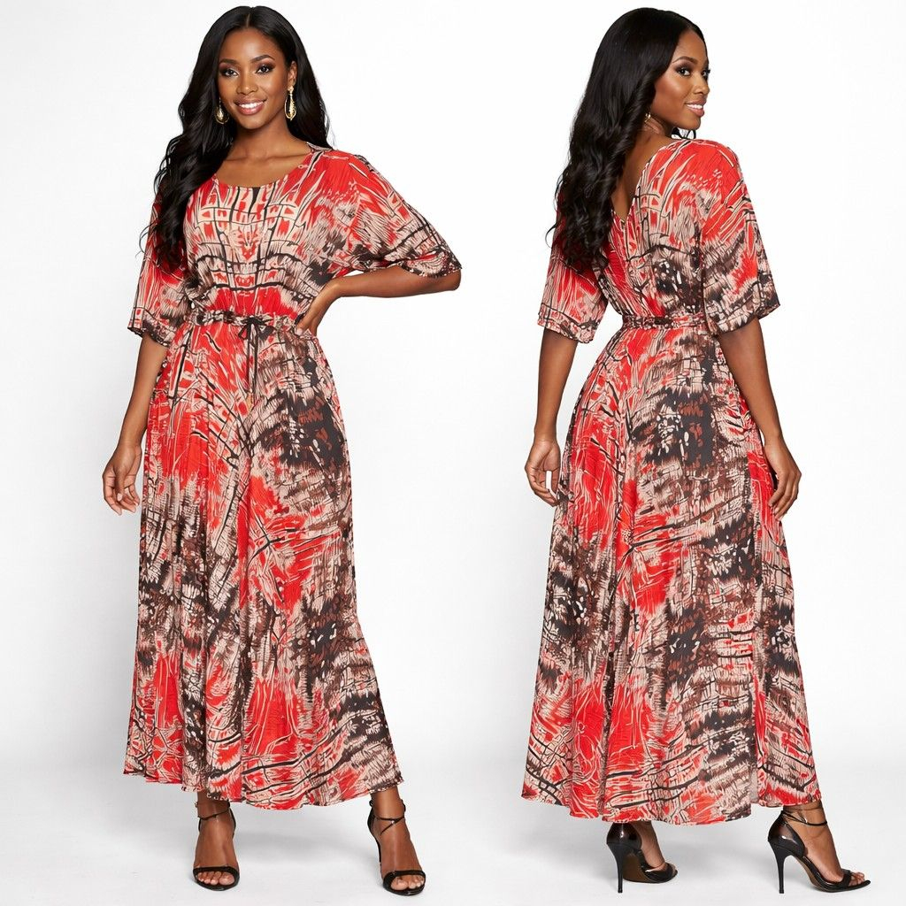 Red Abstract Print  Maxi Dress with  Drawstring Waist