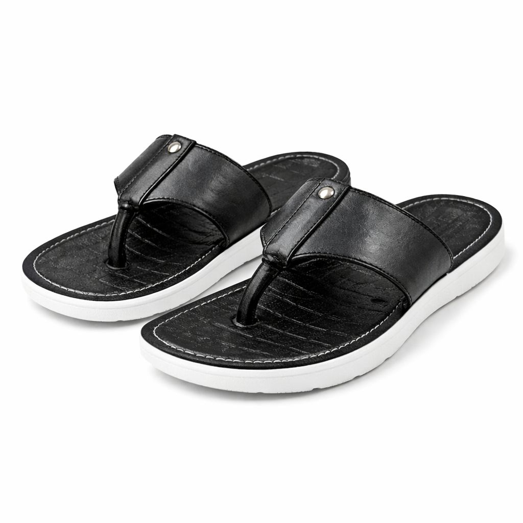 Mens Black Leather Slide Sandal  with Wide Strap Design