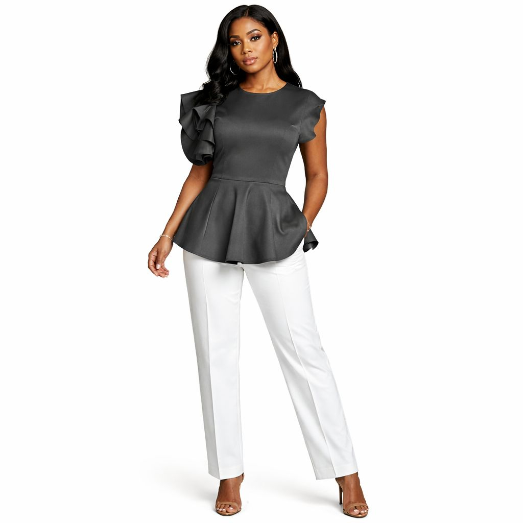 Womens Black Peplum Top and White Trouser Set