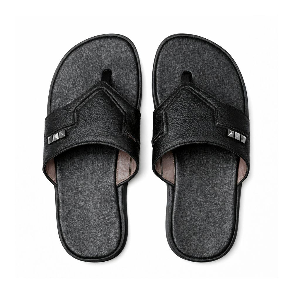 Stylish Black Leather Sandals with Toe Loop and Metallic Studs