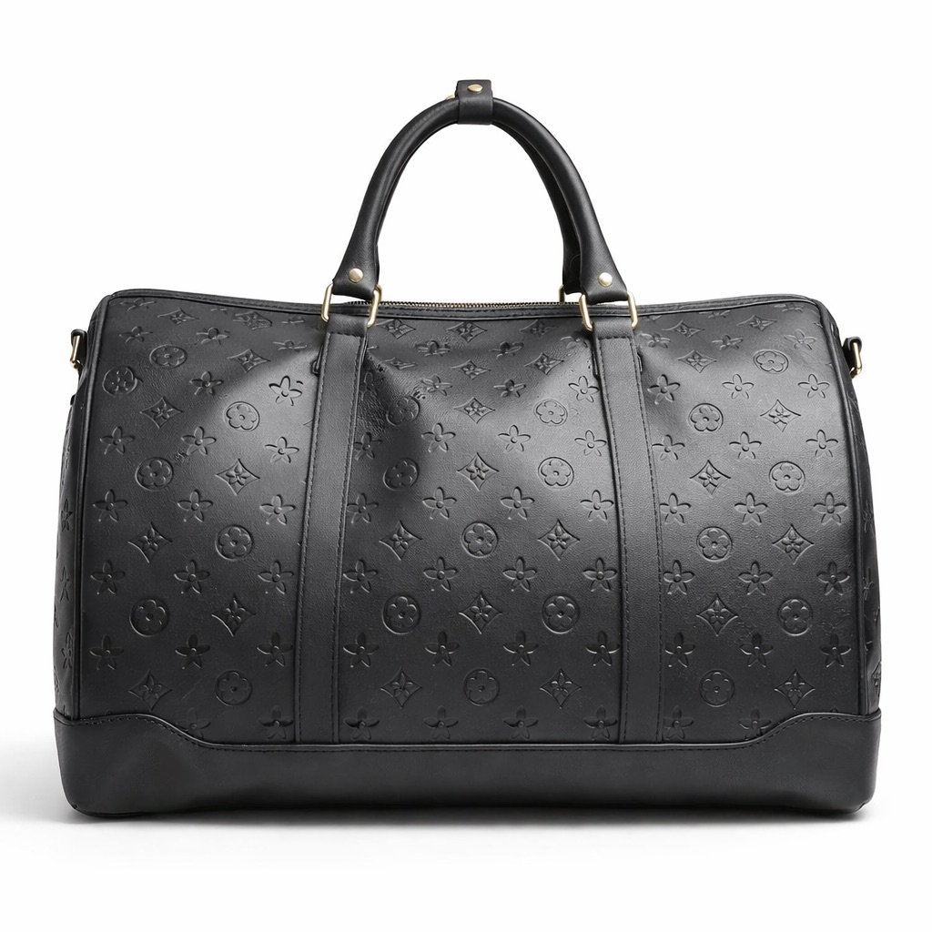 Premium Black Embossed Leather Travel Duffel Bag