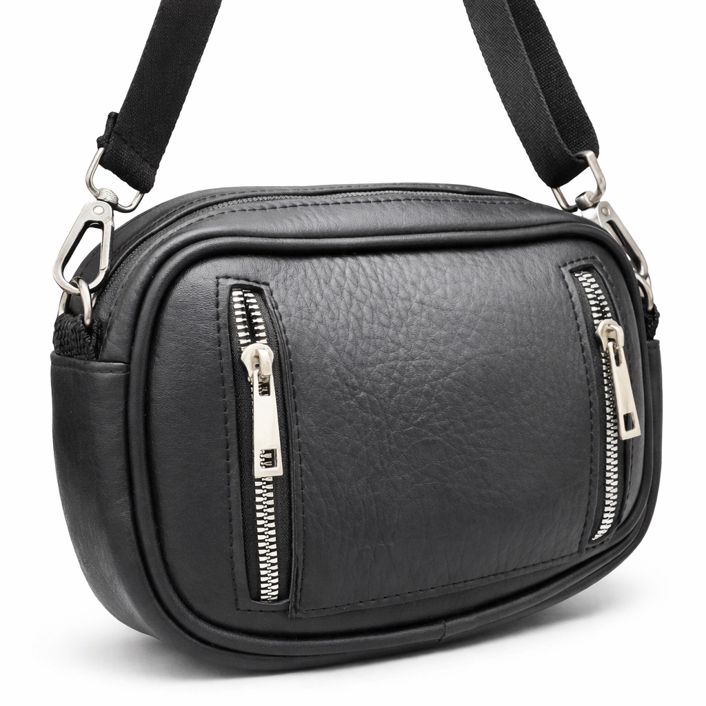 Premium Black Leather Dual Zip Crossbody Bag