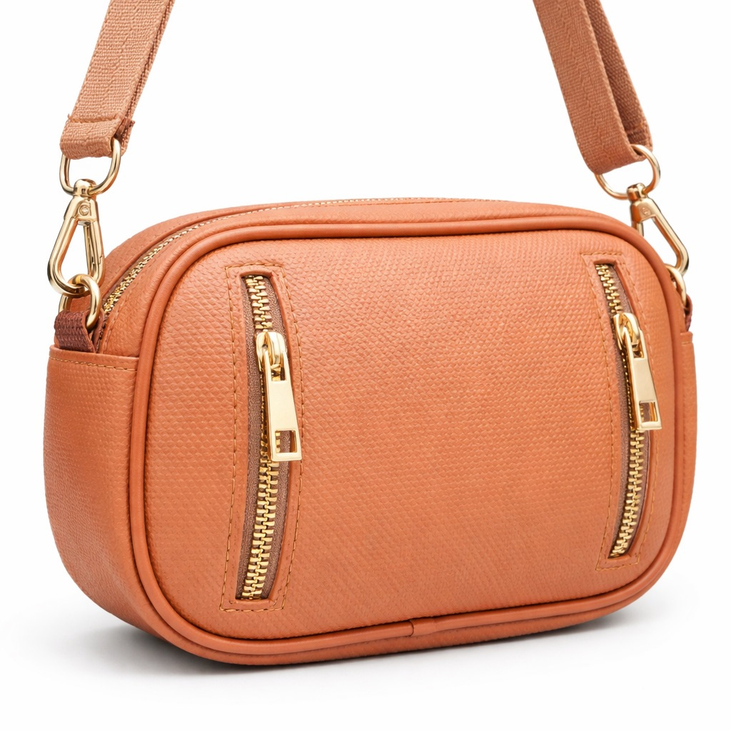 Premium Orange Textured Leather Dual Zip Crossbody Bag
