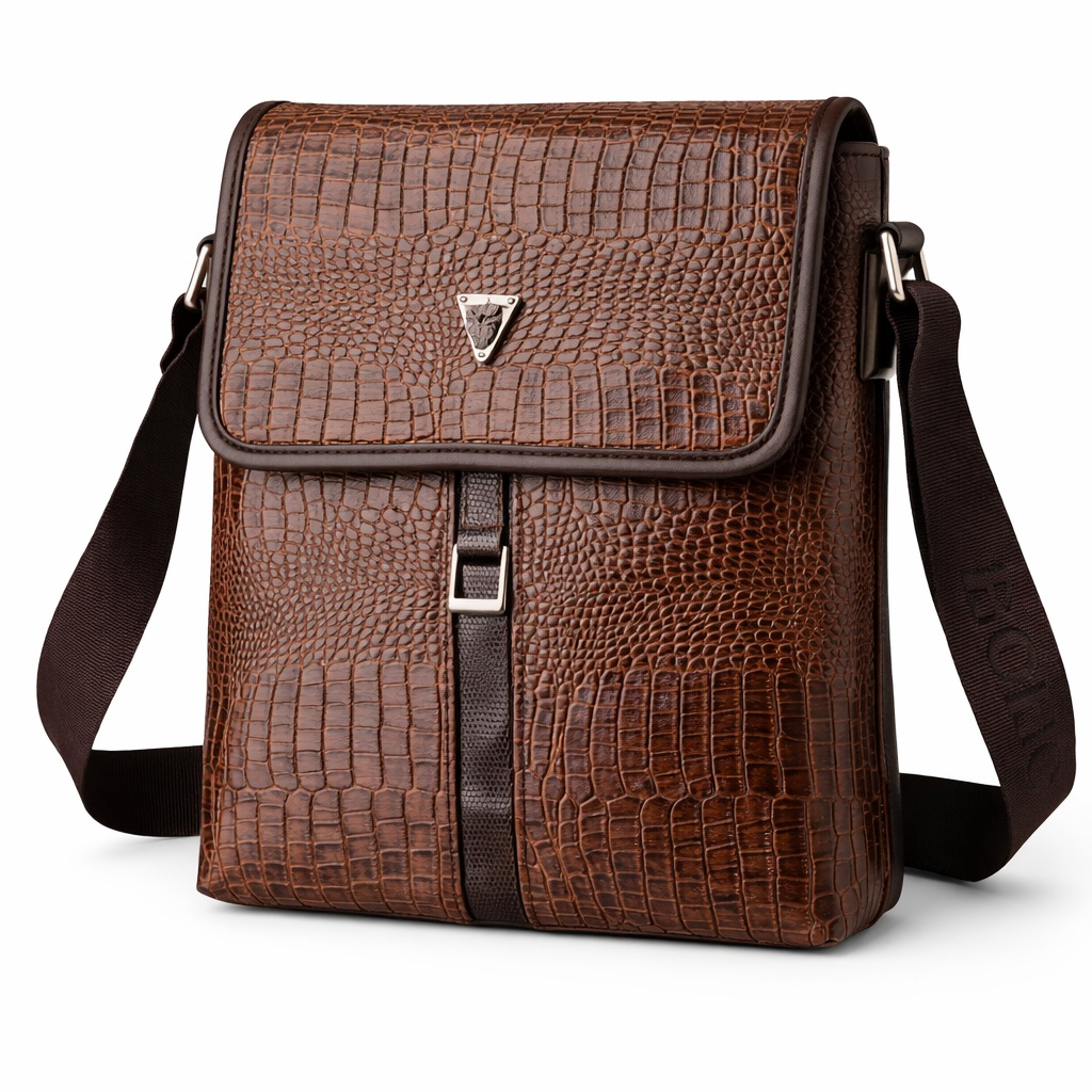 Premium Brown Croc Embossed Flap Crossbody Bag