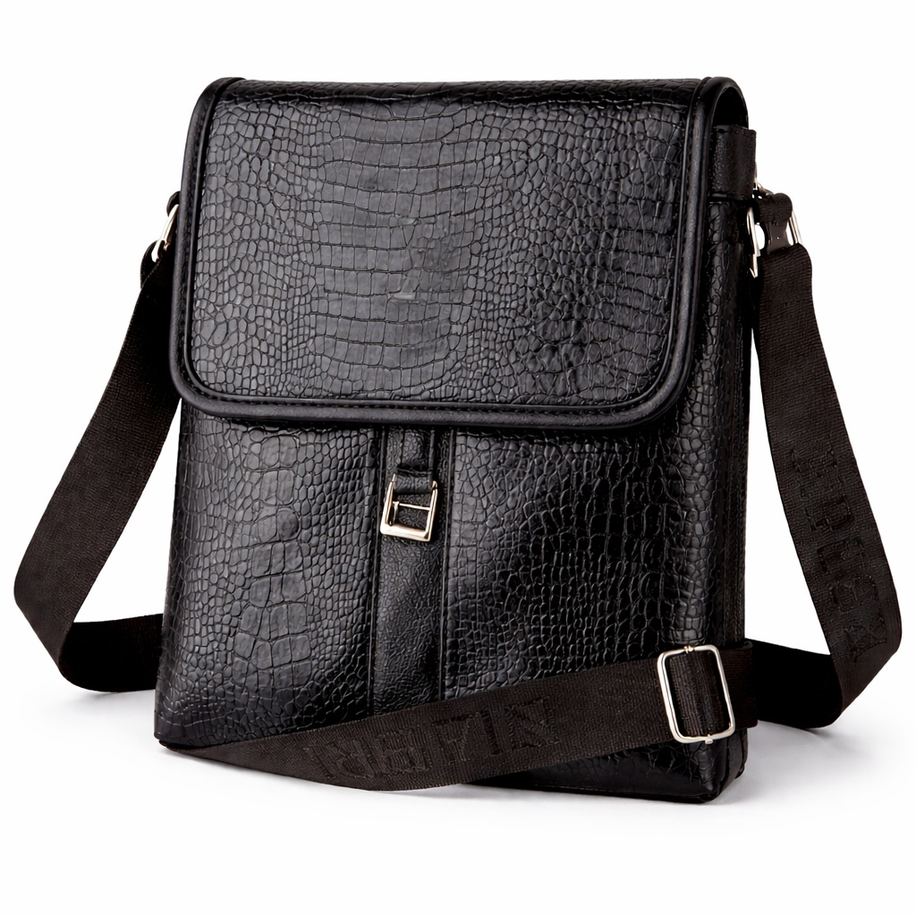 Premium Black Croc Embossed Flap Crossbody Bag