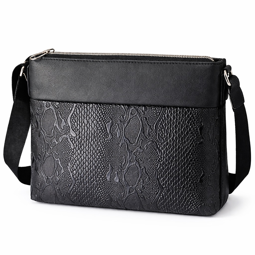 Black Textured Leather Crossbody Shoulder Bag