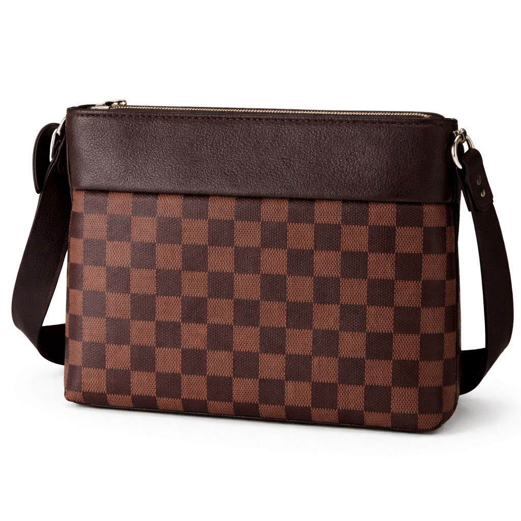 Mens Brown Checkered Leather Crossbody Shoulder Bag