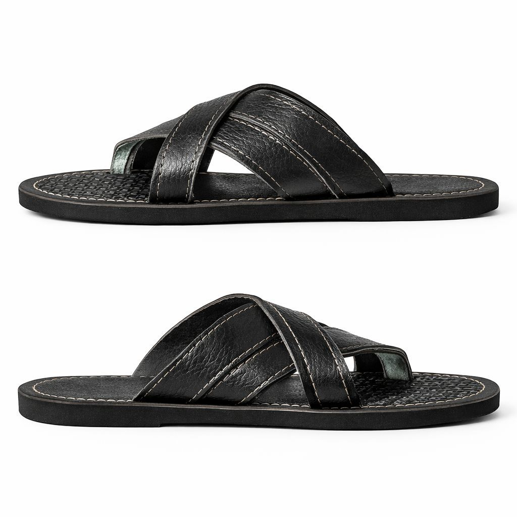 Kids Black Cross Strap Leather Slip On Sandal