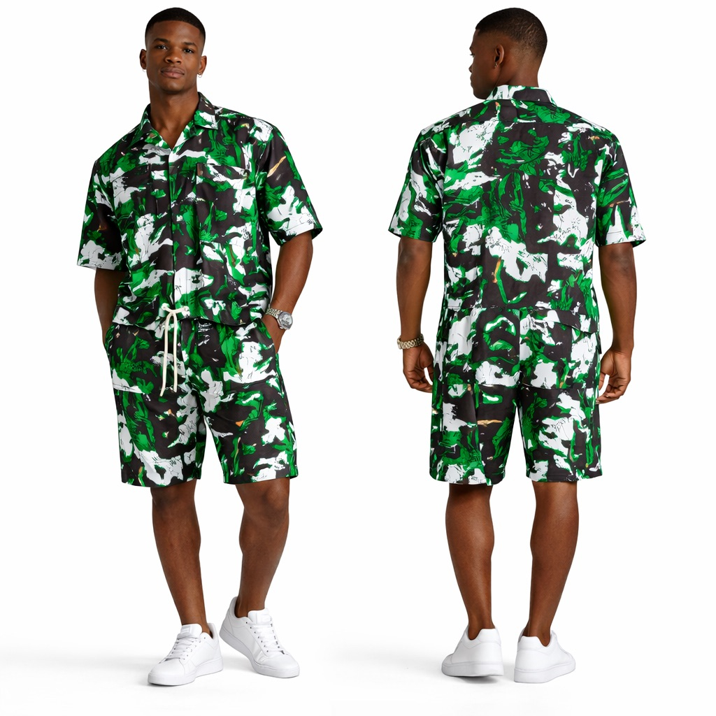 Premium Green Abstract Print Short Sleeve Shirt and Shorts Outfit