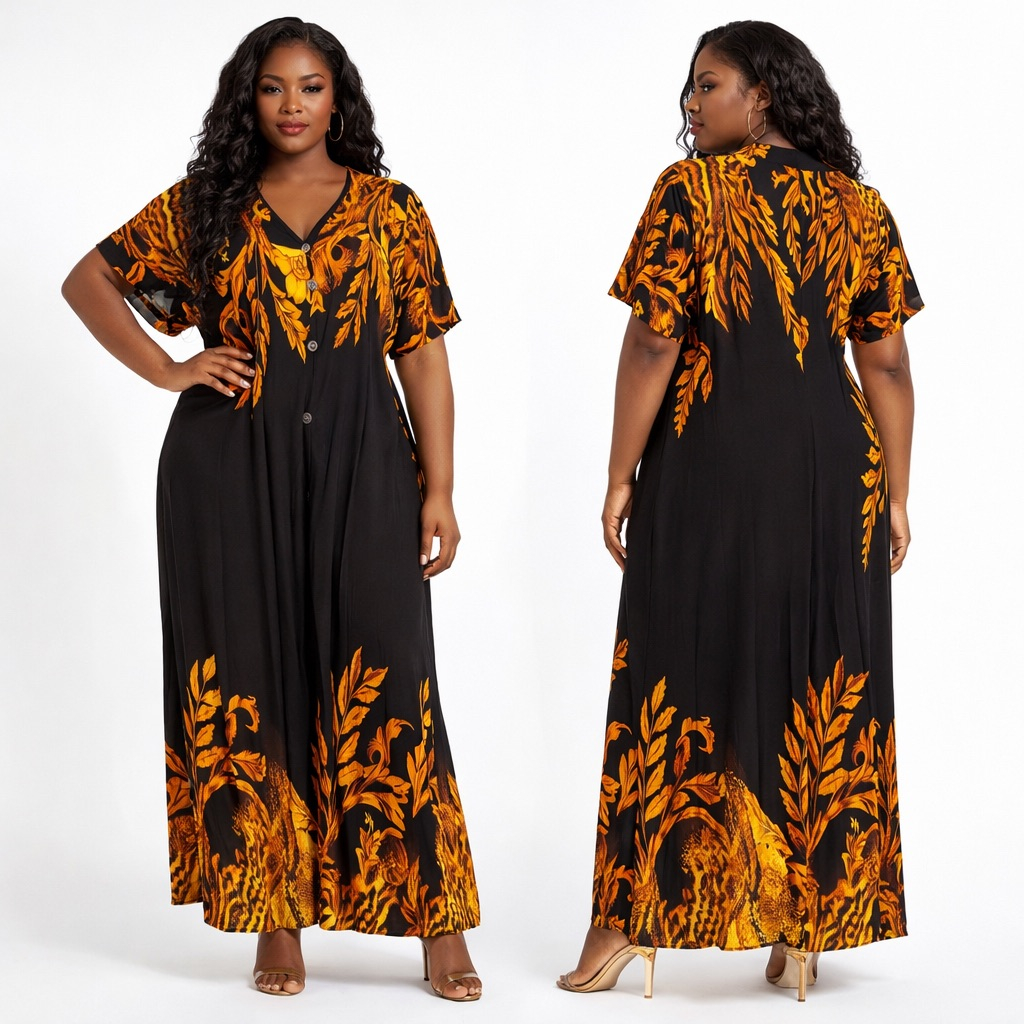 Premium Black Floral Print Midi Dress