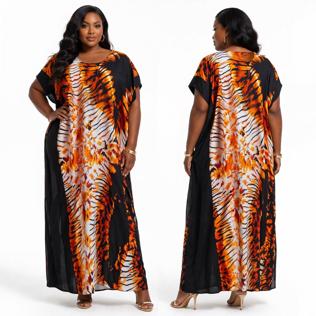 Premium Abstract Floral Print Maxi Boubou Kaftan Dress