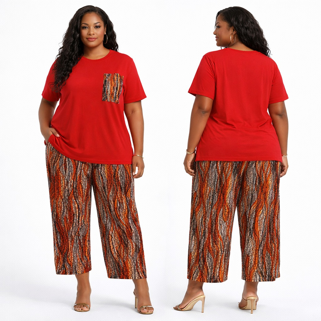 Premium Red Two piece T Shirt and Printed Wide Leg Pants set