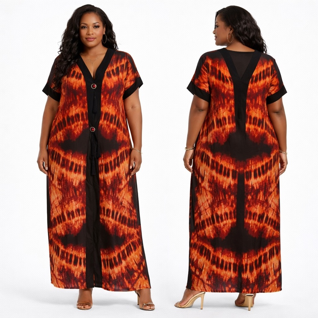 Premium Orange Contrast Panel Free Fit Boubou style Tie Dye Maxi Kaftan Dress