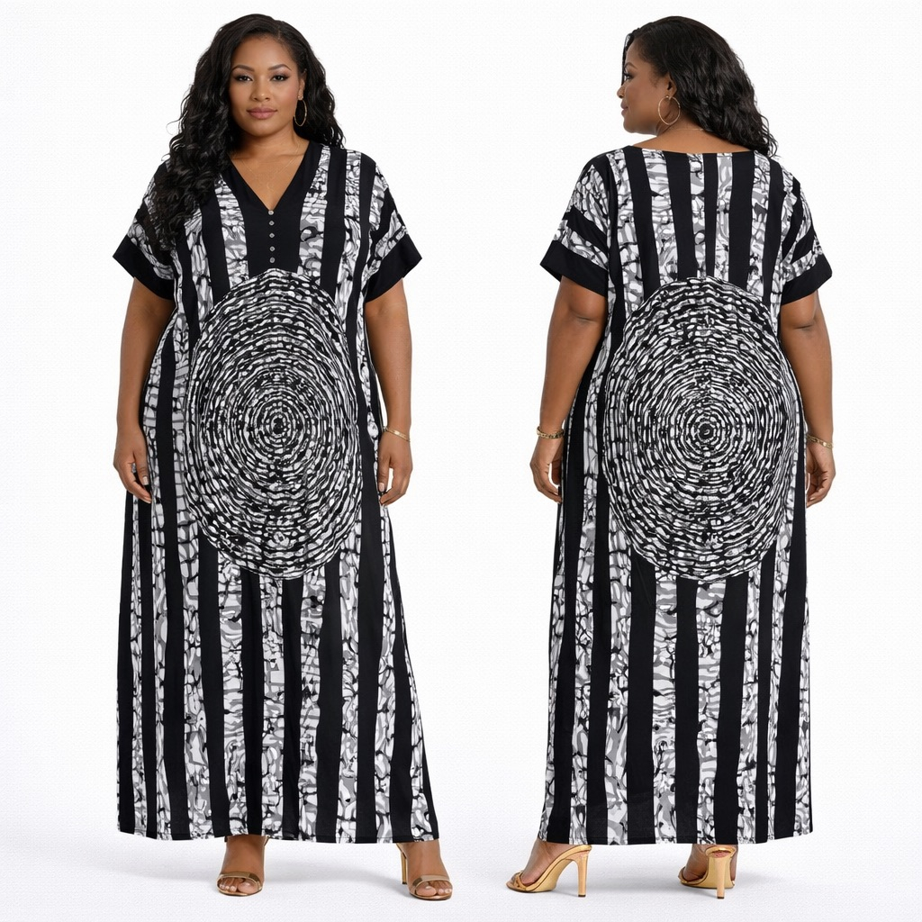 Premium Black and White Patterned Maxi Kaftan Dress