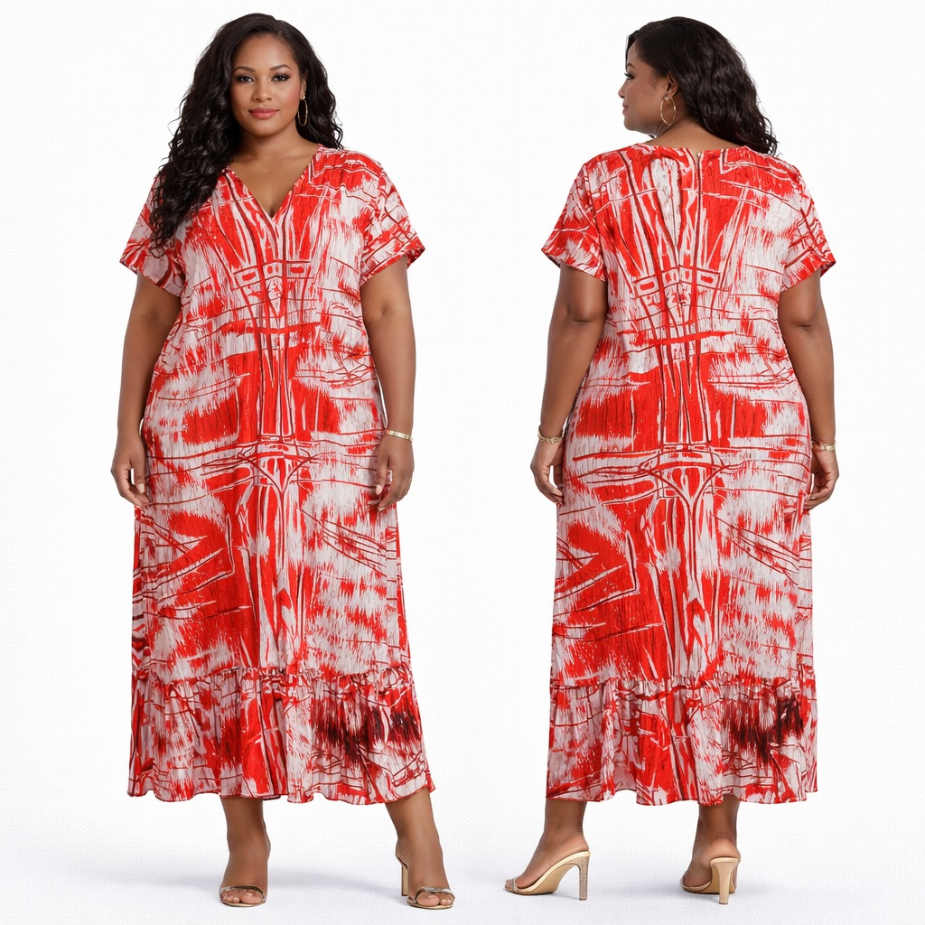 Premium Red and White Abstract Maxi Kaftan Dress